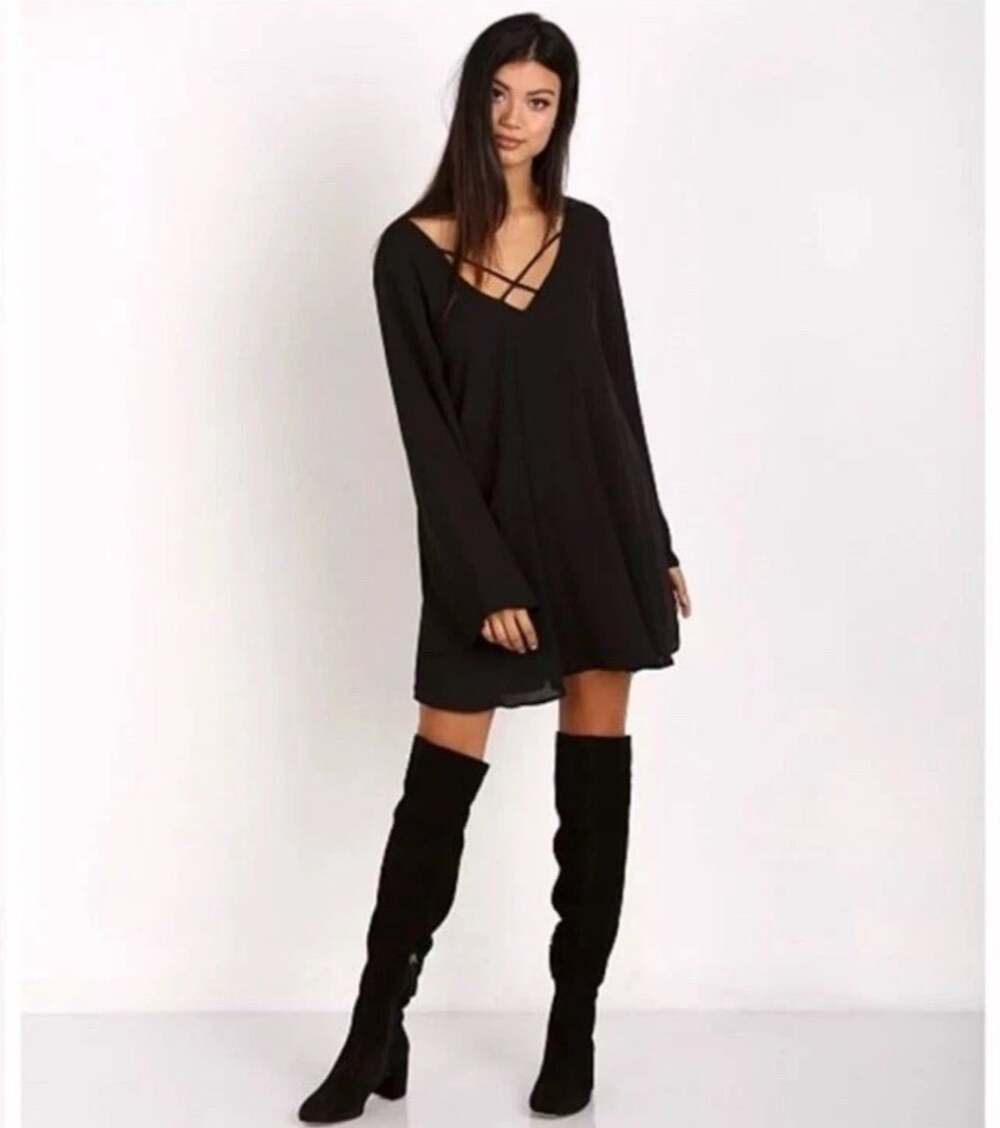 Show Me Your Mumu Womens S Black Joni Mini Flow Dress Boho Long Sleeve Lined